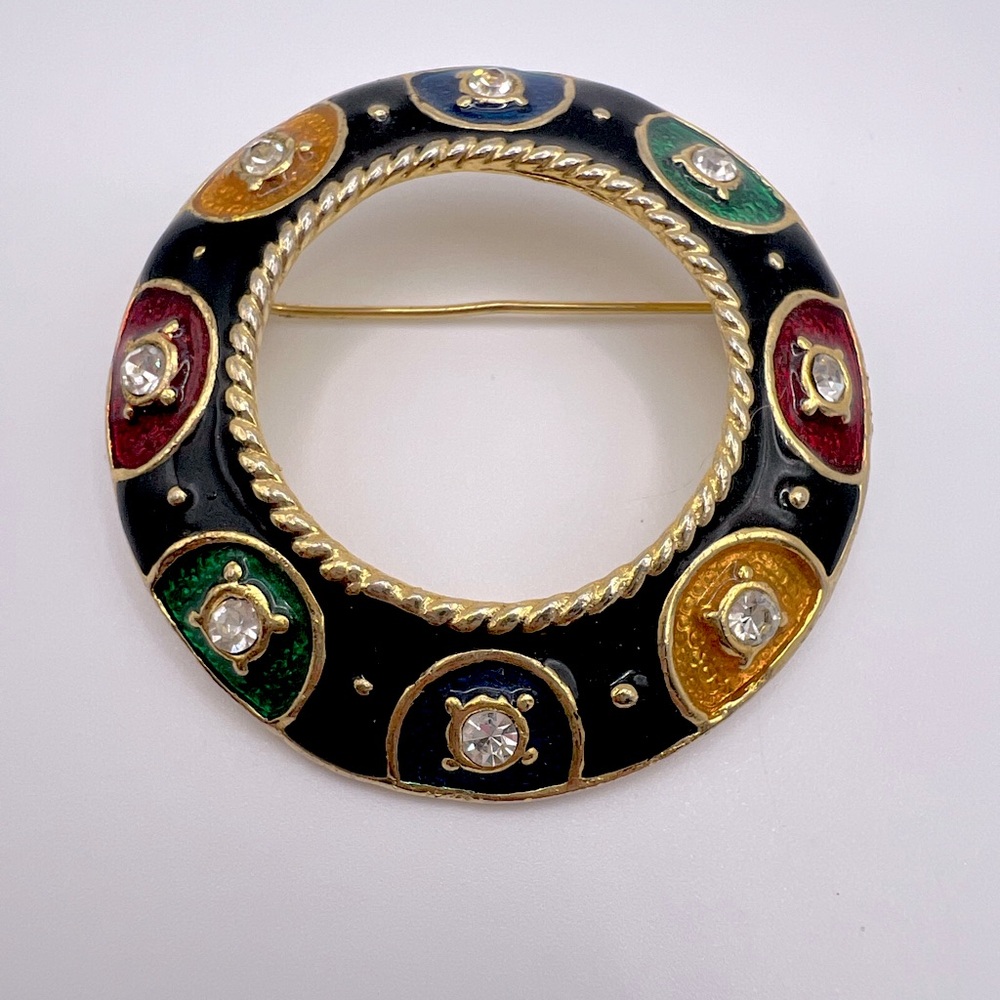 Vintage Colorful Enamel & Rhinestone Circle Brooch Pin